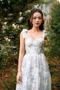 Belle Removable Ribbon Straps Bustier Tiered Maxi Dress in Fleurison Ciel
