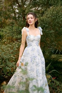 Belle Removable Ribbon Straps Bustier Tiered Maxi Dress in Fleurison Ciel