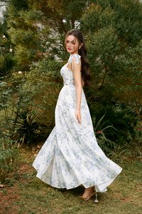 Belle Removable Ribbon Straps Bustier Tiered Maxi Dress in Fleurison Ciel