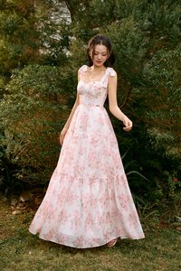 Belle Removable Ribbon Straps Bustier Tiered Maxi Dress in Fleurison Ros&eacute;e