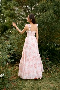 Belle Removable Ribbon Straps Bustier Tiered Maxi Dress in Fleurison Ros&eacute;e