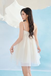 Brenna Straight Neck Flouncy Mini Dress in Ivory Veil