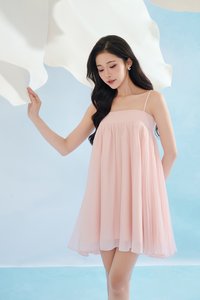 Brenna Straight Neck Flouncy Mini Dress in Whisper Pink