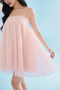 Brenna Straight Neck Flouncy Mini Dress in Whisper Pink
