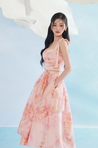 Calypso High Waist Midi Skirt in Feather Pink Po&eacute;me