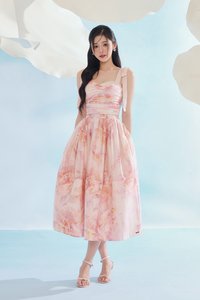 Calypso High Waist Midi Skirt in Feather Pink Po&eacute;me