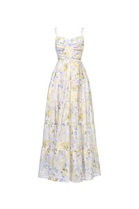 Ceres Diamond Pleated Maxi Dress in Dreaming Blue Blooms