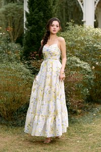 Ceres Diamond Pleated Maxi Dress in Dreaming Blue Blooms