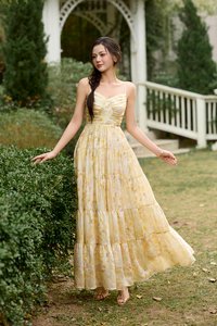 Ceres Diamond Pleated Maxi Dress in Dreaming Yellow Blooms
