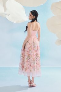 Ciel Padded Ribbon Strap Ruched Bust Midi Dress in Pink Enchanted Meadow
