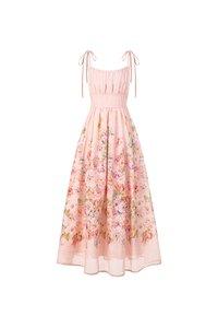 Ciel Padded Ribbon Strap Ruched Bust Midi Dress in Pink Enchanted Meadow