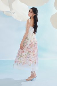 Ciel Padded Ribbon Strap Ruched Bust Midi Dress in Soft Enchanted Meadow