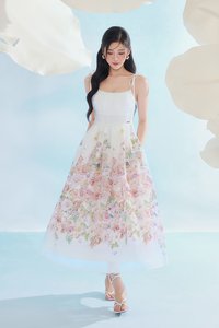 Ciel Padded Ribbon Strap Ruched Bust Midi Dress in Soft Enchanted Meadow