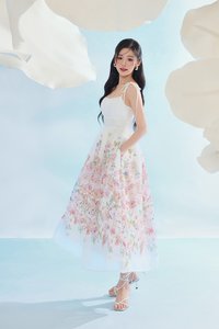 Ciel Padded Ribbon Strap Ruched Bust Midi Dress in Soft Enchanted Meadow