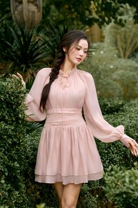 Cosette Billowy Sleeves Ruched Waist Tiered Mini Dress in Blush Glow
