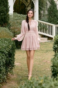 Cosette Billowy Sleeves Ruched Waist Tiered Mini Dress in Blush Glow