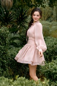Cosette Billowy Sleeves Ruched Waist Tiered Mini Dress in Blush Glow