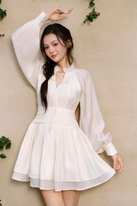 Cosette Billowy Sleeves Ruched Waist Tiered Mini Dress in Ivory