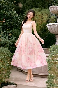 Dream Pleated Bust Soft Corset Midi Dress in Rose Watercolour Waltz