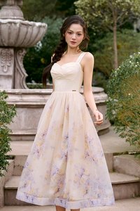 Dream Pleated Bust Soft Corset Midi Dress in Wisteria Watercolour Waltz