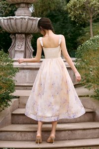 Dream Pleated Bust Soft Corset Midi Dress in Wisteria Watercolour Waltz
