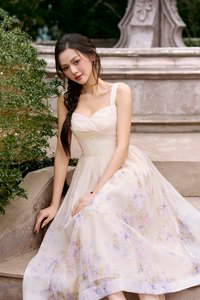 Dream Pleated Bust Soft Corset Midi Dress in Wisteria Watercolour Waltz