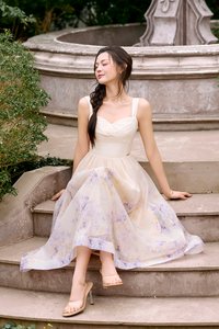 Dream Pleated Bust Soft Corset Midi Dress in Wisteria Watercolour Waltz