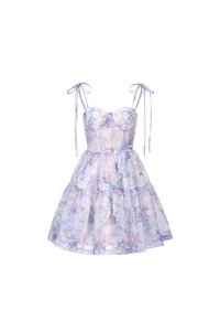 Floria Ribbon Tie Bustier Tiered Mini Dress in Purple Lunaria