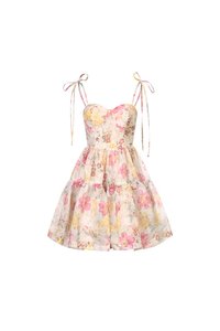 Floria Ribbon Tie Bustier Tiered Mini Dress in Yellow Lunaria