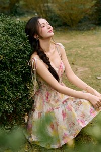 Floria Ribbon Tie Bustier Tiered Mini Dress in Yellow Lunaria