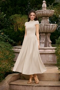 Freya Padded Mock Neck Flare Midaxi Dress in Chantilly Cream