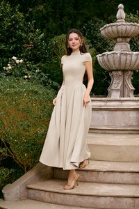Freya Padded Mock Neck Flare Midaxi Dress in Chantilly Cream