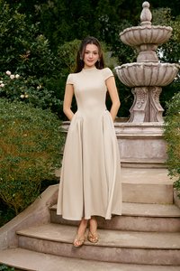 Freya Padded Mock Neck Flare Midaxi Dress in Chantilly Cream