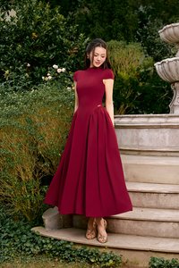 Freya Padded Mock Neck Flare Midaxi Dress in Ruby Red