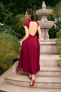 Freya Padded Mock Neck Flare Midaxi Dress in Ruby Red