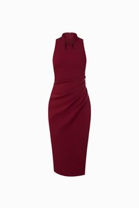 Grace Padded Ruched Mandarin Collar Pencil Dress in Deep Red