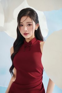 Grace Padded Ruched Mandarin Collar Pencil Dress in Deep Red