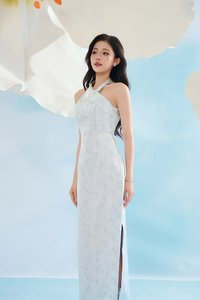 Jade Padded Halter Asymmetrical Cheongsam in Ice Frosted Garden
