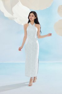 Jade Padded Halter Asymmetrical Cheongsam in Ice Frosted Garden