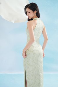 Jade Padded Halter Asymmetrical Cheongsam in Sage Frosted Garden