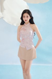 Janine Halter Asymmetrical Cheongsam Top in Pink Butterfly Reverie