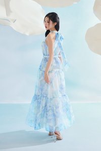 Leila Halter Maxi Dress with Belt in Blue Po&eacute;me