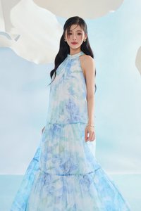 Leila Halter Maxi Dress with Belt in Blue Po&eacute;me