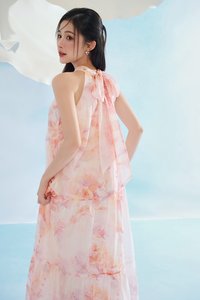 Leila Halter Maxi Dress with Belt in Feather Pink Po&eacute;me