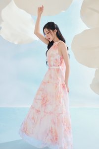 Leila Halter Maxi Dress with Belt in Feather Pink Po&eacute;me