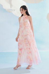 Leila Halter Maxi Dress with Belt in Feather Pink Po&eacute;me