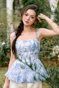 Leni Padded Ribbon Tie Gusset Top in Blue Toile de Jouy