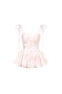 Leni Padded Ribbon Tie Gusset Top in Pink Toile de Jouy
