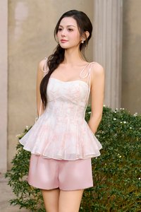 Leni Padded Ribbon Tie Gusset Top in Pink Toile de Jouy