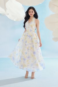 Maisie Padded Halter Flare Maxi Dress in Blue Fleur de Voile